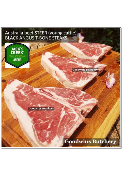 Beef T BONE STEAK 3/4" 2cm Australia BLACK ANGUS STEER young cattle Jack's Creek frozen (price/pc 550g)